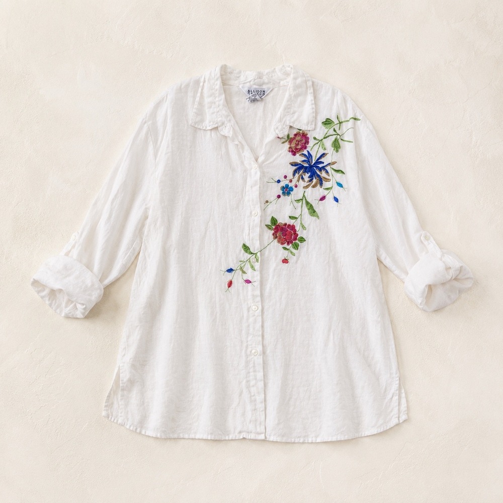 Allison Taylor Shirt Sz‎ L White 100% Linen Embroidered Coastal Roll Tab Sleeve